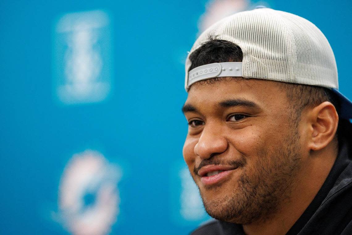 Miami Dolphins quarterback Tua Tagovailoa speaks during team pre-draft press conference at Baptist Health Training Complex in Hard Rock Stadium on Wednesday, April 19, 2023 in Miami Gardens, Florida.