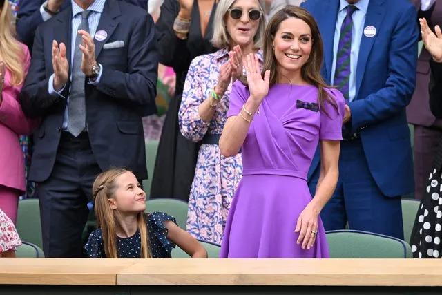 <p>Karwai Tang/WireImage</p> Princess Charlotte and Kate Middleton in the Royal Box at Wimbledon on July 14, 2024.