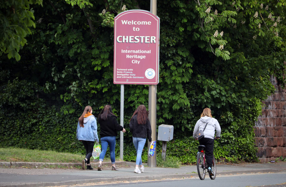 Boundary Lane, Saltney. The road is the border between Flintshire in North Wales and Cheshire, England. Residents on one side are free to travel and meet individually, while on the other side in Wales, the country remains unchanged and in lockdown. Pictured: Chester sign on the English side. Photo by Ian Cooper