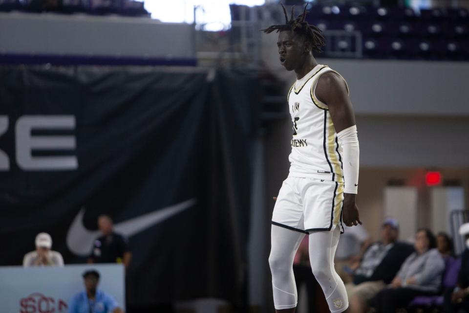 Link Academy's Omaha Biliew (0) reacts during the first half of the GEICO Nationals quarterfinal between Oak Hill Academy (Va.) and Link Academy (Mo.), Thursday, March 31, 2022, at Suncoast Credit Union Arena in Fort Myers, Fla.Link Academy led Oak Hill Academy 34-33 at halftime and won 81-67.