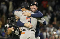 Houston Astros shortstop Jeremy Pena (3) celebrates with pitcher Justin Verlander after the Astros beat the New York Yankees 6-5 to win Game 4 and the American League Championship baseball series, Monday, Oct. 24, 2022, in New York. (AP Photo/Seth Wenig)