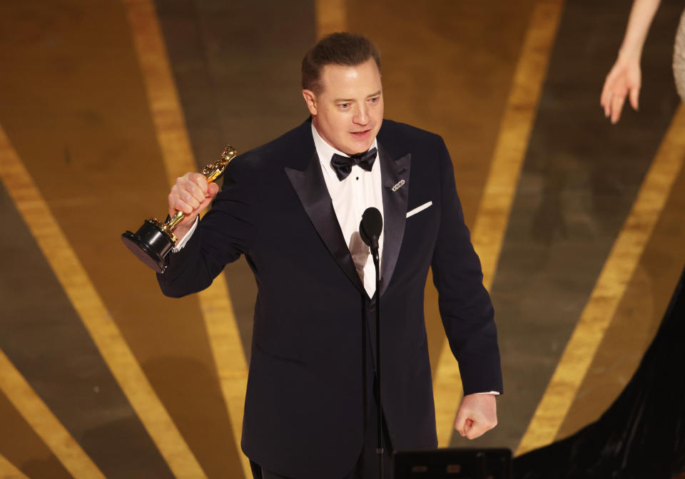 Brendan Fraser accepts the Best Actor award for The Whale at the Academy Awards on March 12.