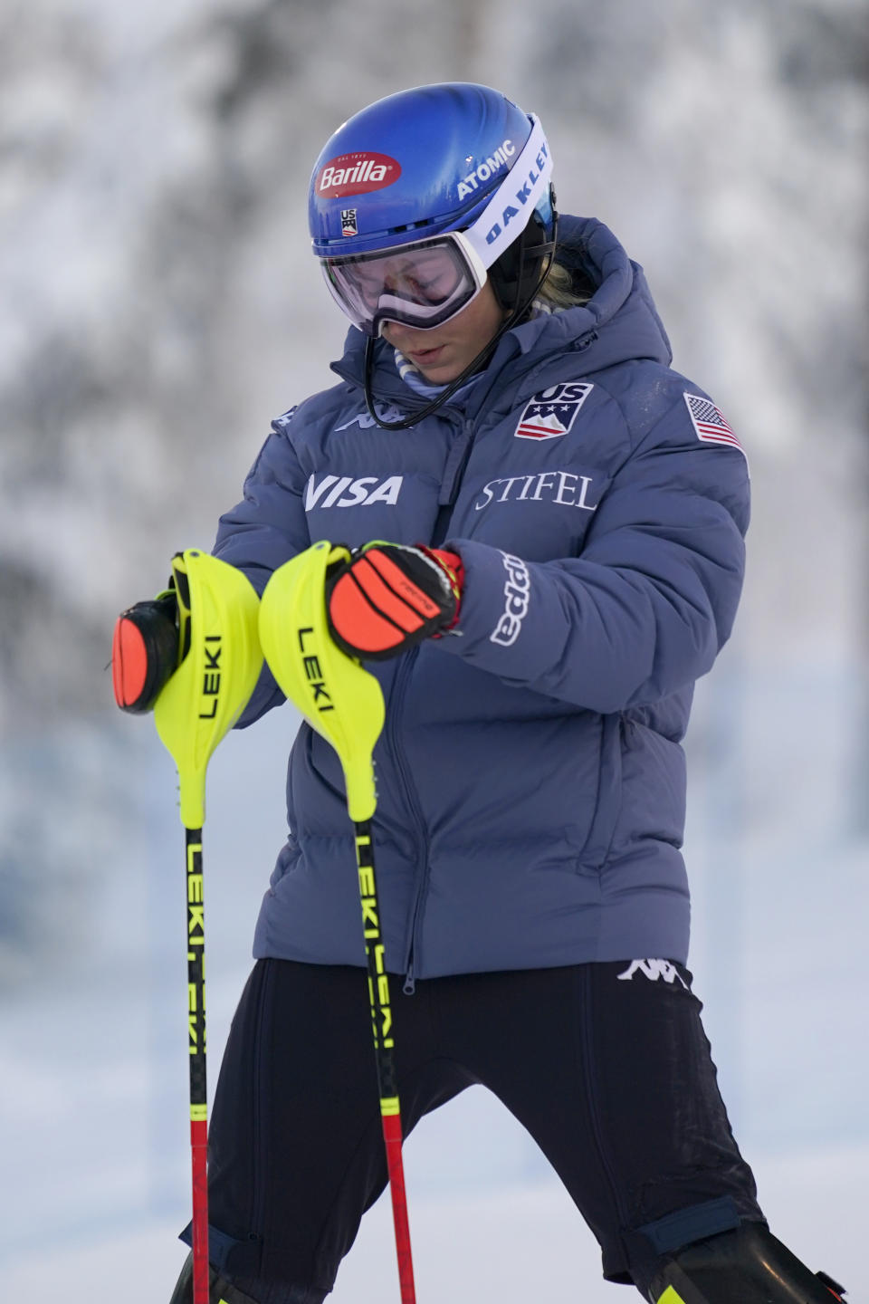 United States' Mikaela Shiffrin concentrates during the course check ahead of the first run of an alpine ski World Cup women's slalom race, in Levi, Finland, Saturday, Nov. 11, 2023. (AP Photo/Giovanni Auletta)