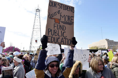 Teachers rally outside the state Capitol on the second day of a teacher walkout to demand higher pay and more funding for education in Oklahoma City, Oklahoma, U.S., April 3, 2018. REUTERS/Nick Oxford