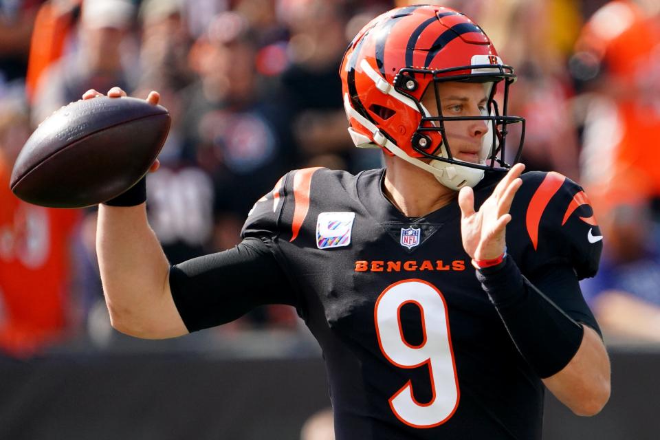 Cincinnati Bengals quarterback Joe Burrow (9) throws in the first quarter of a Week 5 NFL football game against the Green Bay Packers, Sunday, Oct. 10, 2021, at Paul Brown Stadium in Cincinnati. 