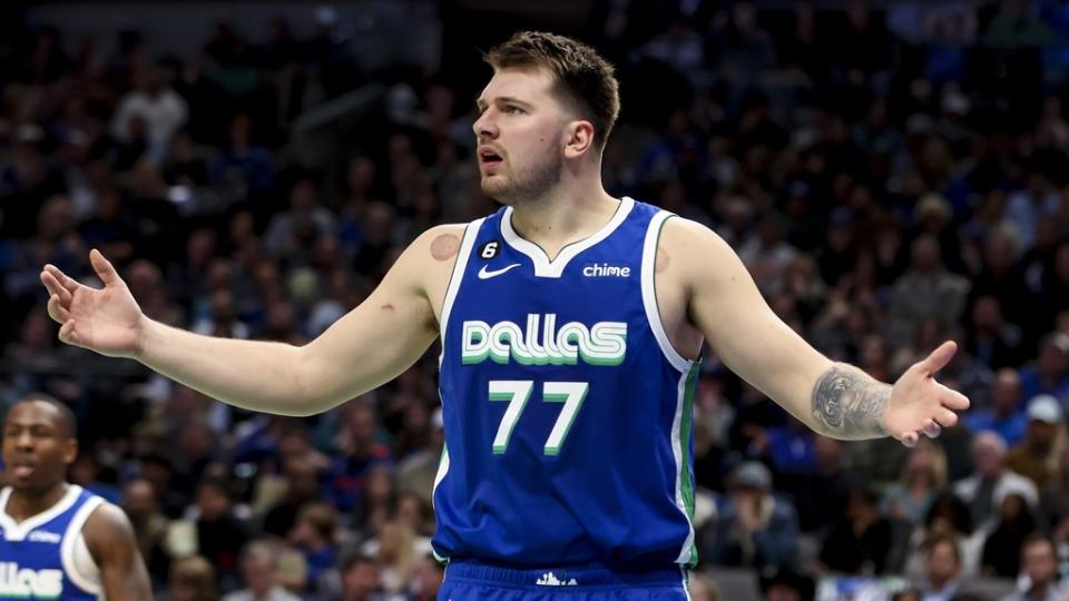 Dec 27, 2022; Dallas, Texas, USA; Dallas Mavericks guard Luka Doncic (77) reacts during the second quarter against the New York Knicks at American Airlines Center.