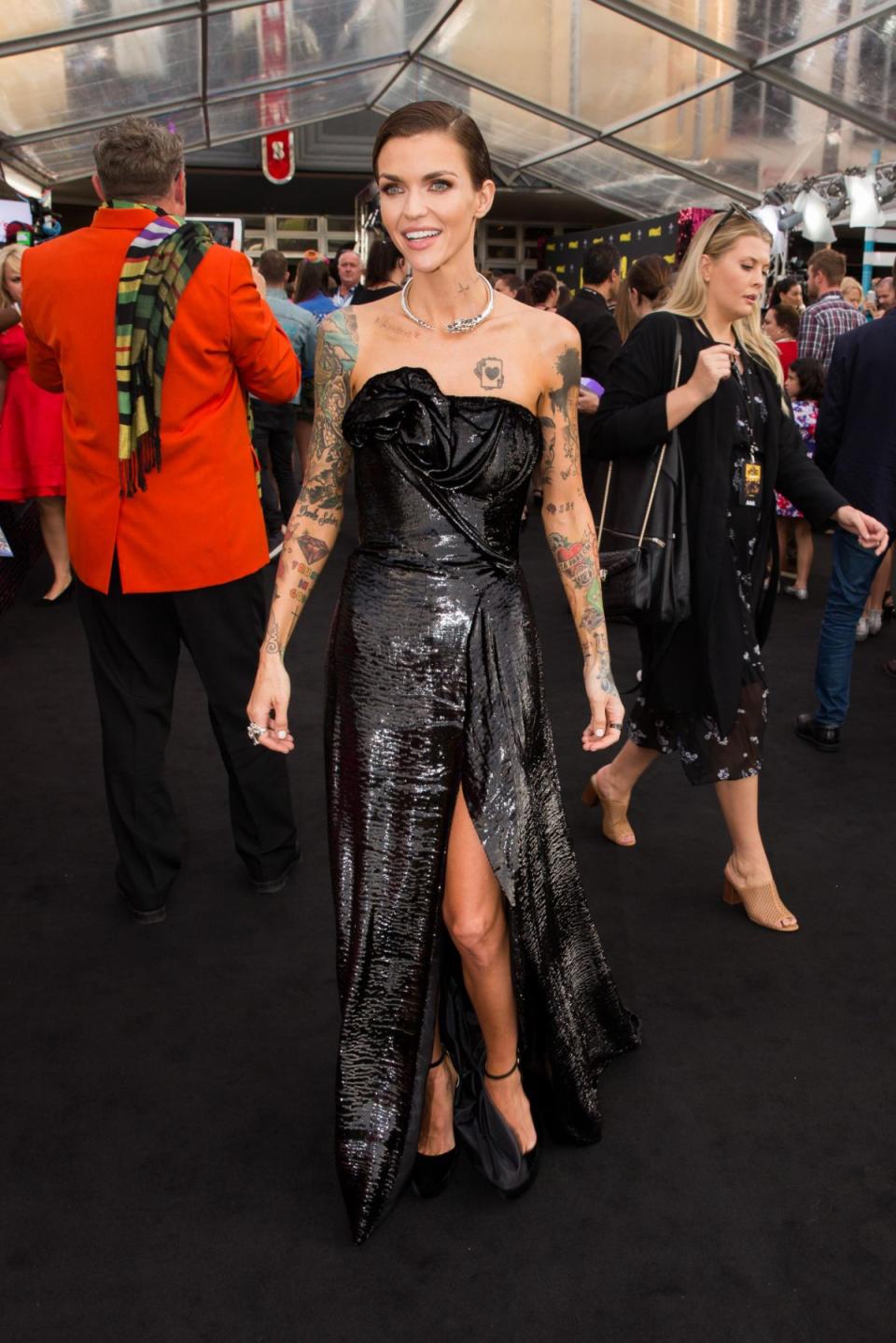 Ruby Rose in a strapless black gown