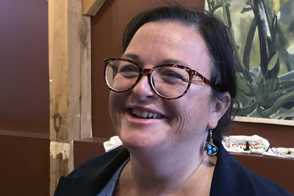 Brenda Siegel, a Democratic candidate for Vermont Governor, smiles during a campaign event, Oct. 21, 2022, in Stowe, Vt. Siegel is challenging incumbent Republican Gov. Phil Scott. (AP Photo/Wilson Ring, File)