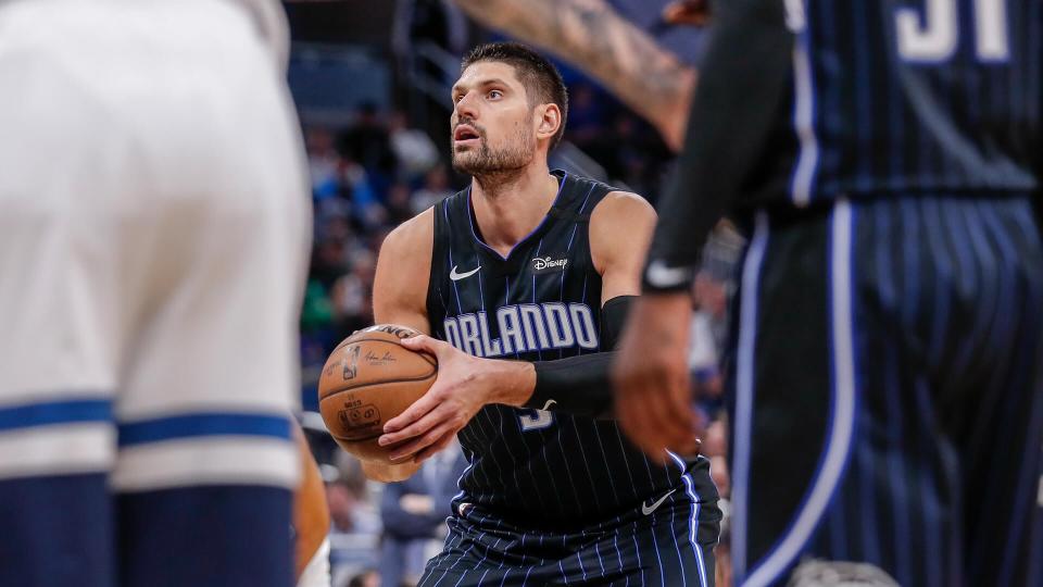 ORLANDO, FL - FEBRUARY 28: Nikola Vucevic #9 of the Orlando Magic shoot a free throw against the Minnesota Timberwolves during the game at the Amway Center on February 28, 2020 in Orlando, Florida.