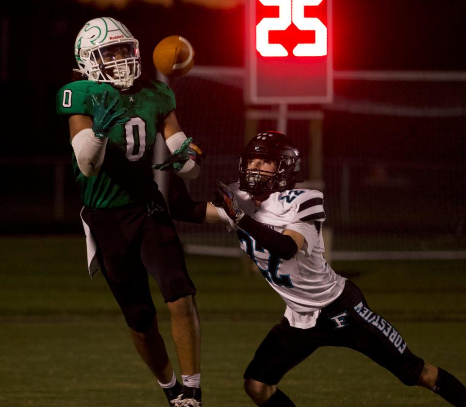 Ashbrook's J.J. Gordon hauls in a touchdown pass during Tuesday's 34-0 win over Forestview.