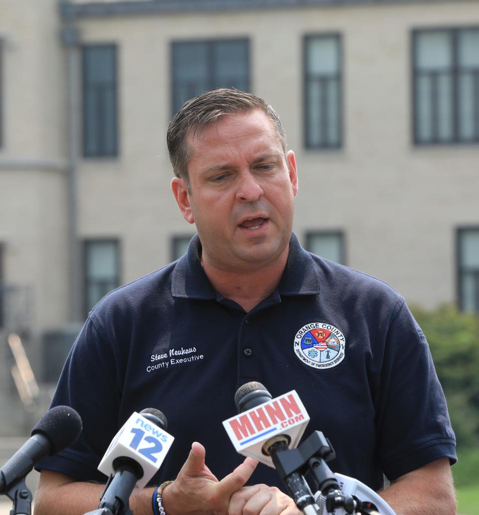 Orange County Executive Steve Neuhaus speaks during a press conference at West Point on July 17, 2023. A severe rain storm on July 9 caused an estimated $100 million in damages around West Point.