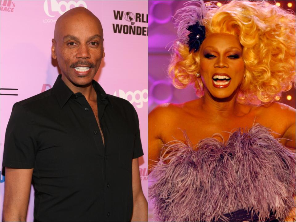 Side by side of RuPaul smiling next to him grinning in makeup, and blonde wig, and feather dress.