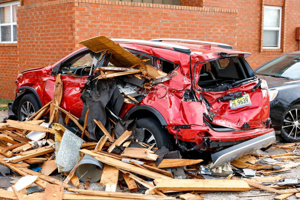 A car is pictured at Oklahoma Baptist University on Thursday, April 20, 2023, after a storm hit Shawnee Okla., on Wednesday.