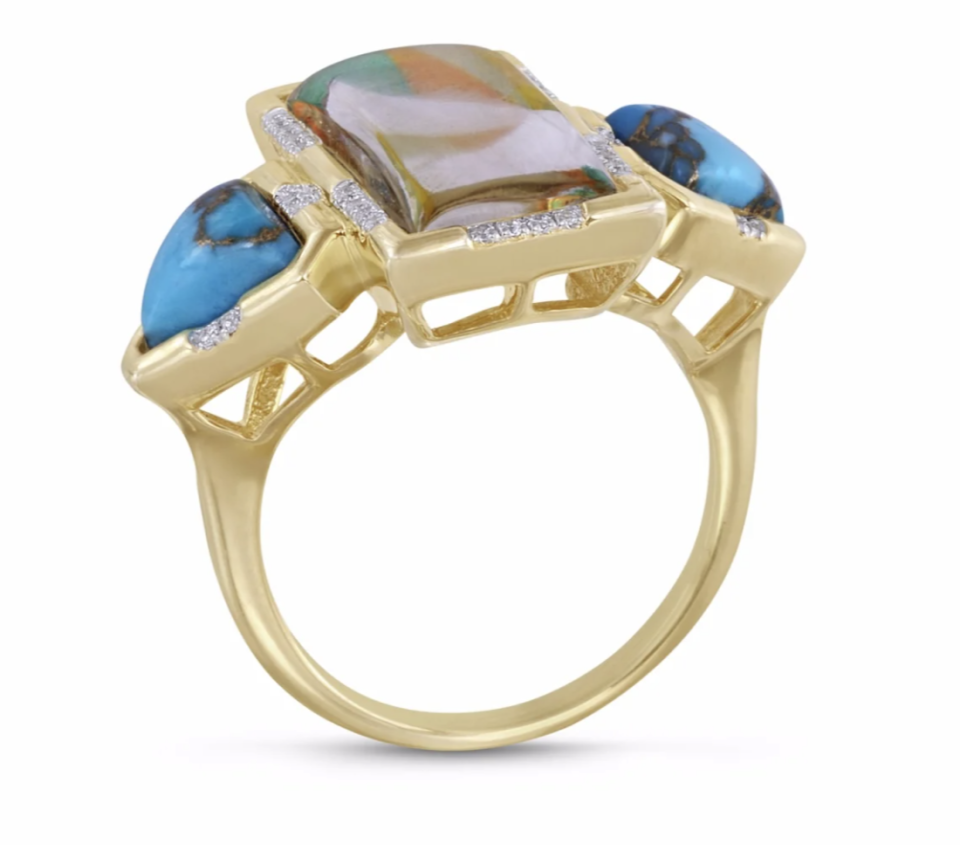  Wild and Free Ring by LMJ, $617. Gold ring with a multi-coloured square stone in the middle, flanked by turquoise.