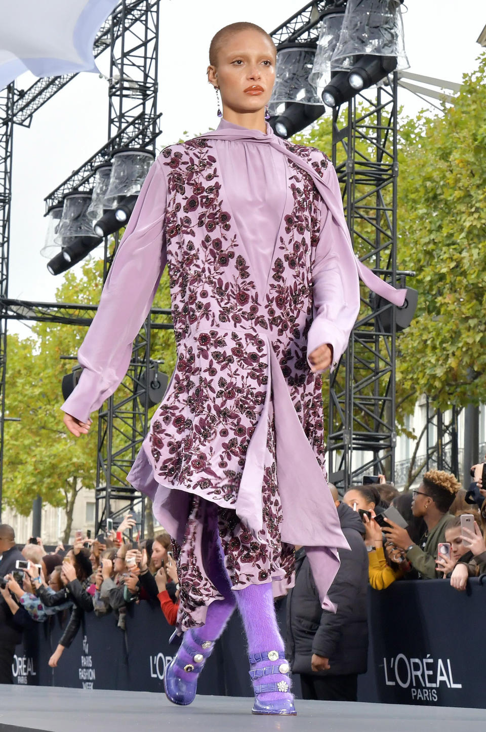 <p>Rising model Adwoa took to the catwalk in a printed lilac look. <i>[Photo: Rex]</i> </p>