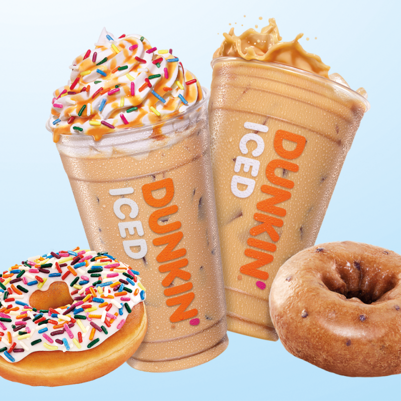 Dunkin's Vanilla Frosted Donut Iced Signature Latte (R) and Blueberry Donut Iced Coffee (L), with accompanying donuts<p>Dunkin</p>