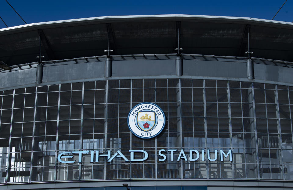 MANCHESTER, ENGLAND - MARCH 24: A general view of the outside of the Etihad Stadium, home of Manchester City FC on March 24, 2021 in Manchester, United Kingdom. (Photo by Visionhaus/Getty Images)