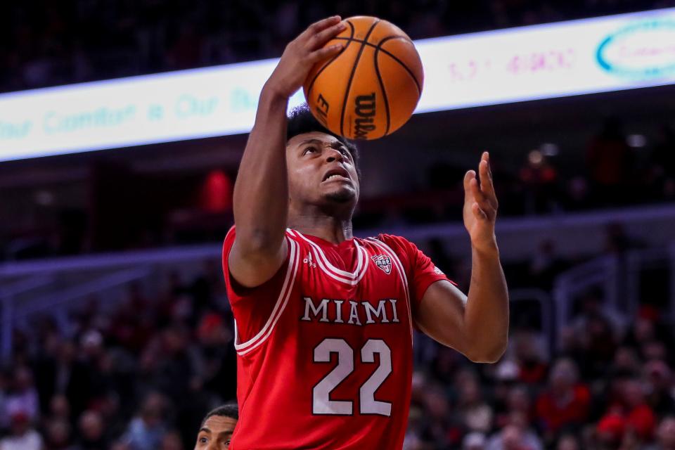 Miami guard Morgan Safford (22) shoots in the second half at Cincinnati, Dec. 14, 2022.