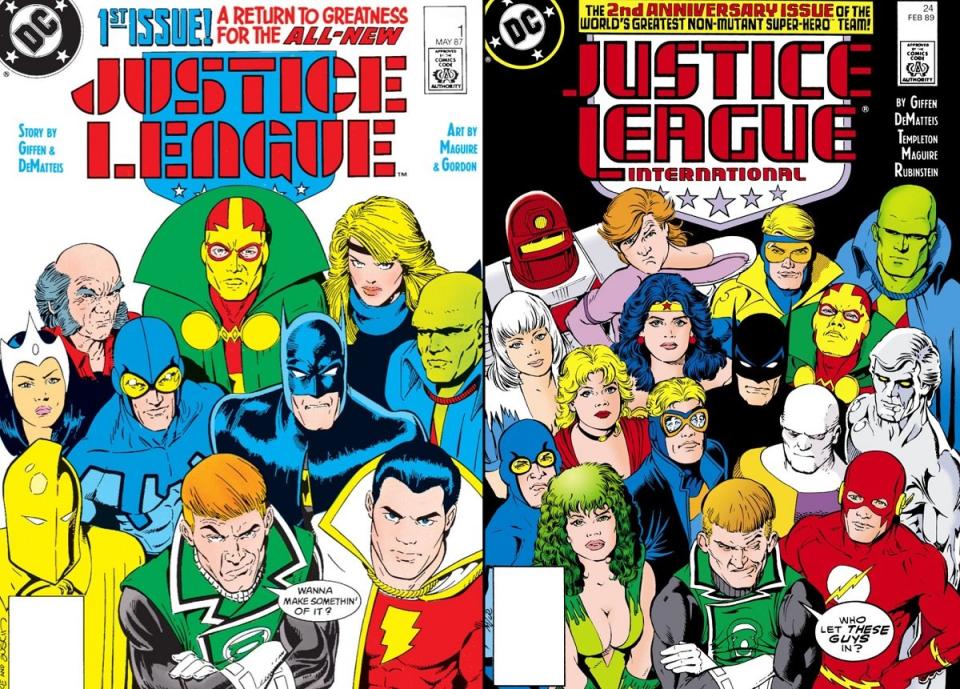 The '80s and '90s era Justice League International, drawn by Kevin Maguire. 
