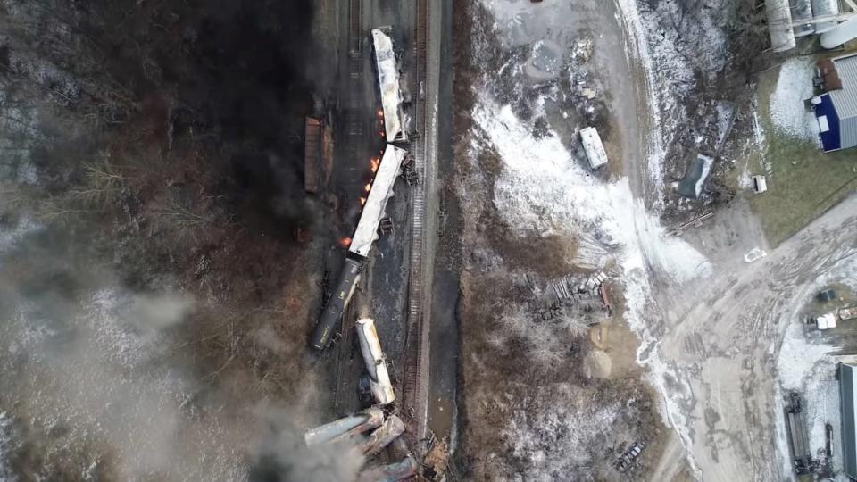 <div class="inline-image__caption"><p>Drone footage shows the freight train derailment in East Palestine, Ohio, U.S., February 6, 2023 in this screengrab obtained from a handout video released by the NTSB. </p></div> <div class="inline-image__credit">NTSBGov/Reuters</div>