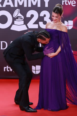 <p>Patricia J. Garcinuno/WireImage</p> Maluma, in custom AMIRI, and Susana Gomez at the 2023 Latin Grammy Awards on Nov. 16 in Seville, Spain