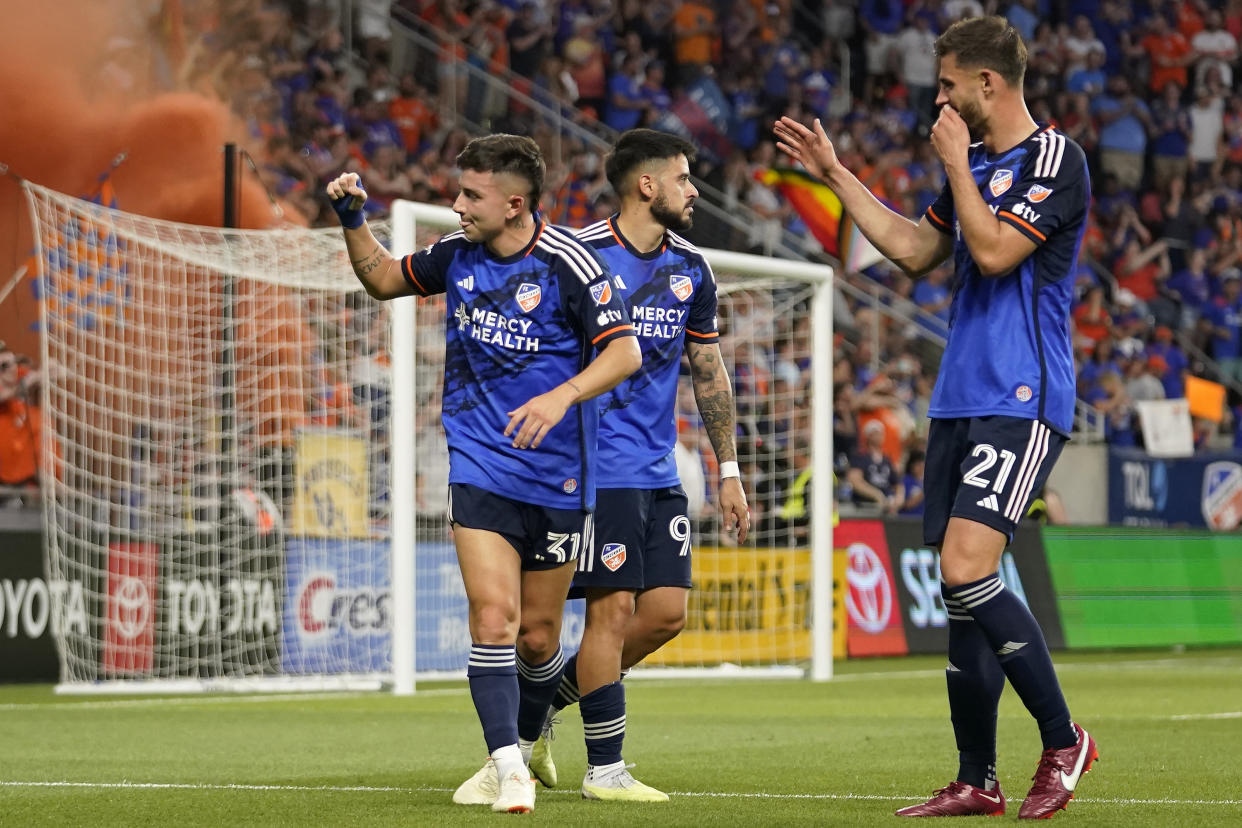 CINCINNATI, OHIO - JUNE 06: Álvaro Barreal #31 of FC Cincinnati celebrates with Júnior Moreno #93 and Matt Miazga #21 after scoring a goal during a U.S. Open Cup quarterfinal soccer match against the Pittsburgh Riverhounds SC at TQL Stadium on June 06, 2023 in Cincinnati, Ohio. (Photo by Jeff Dean/USSF/Getty Images for USSF)