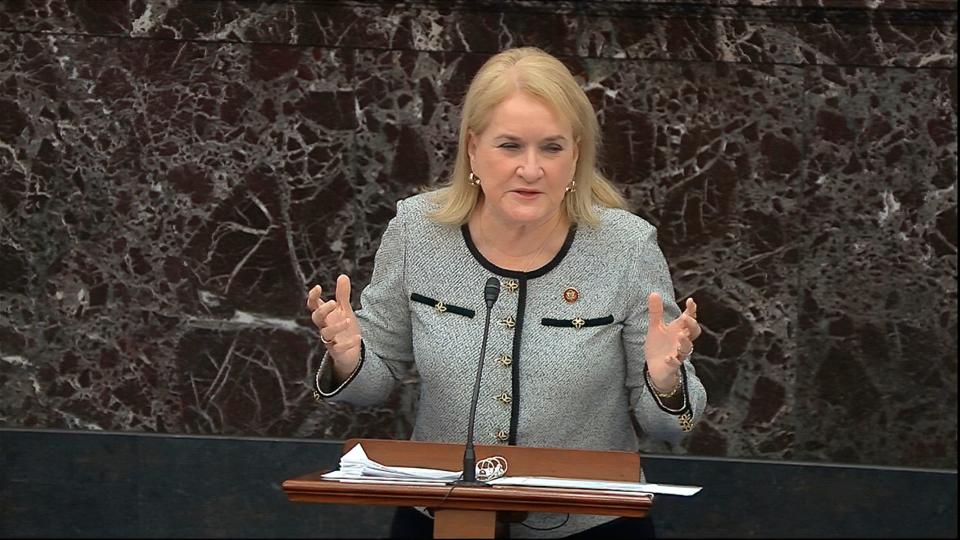 Rep. Sylvia Garcia, D-Texas, speaks during debate ahead of a vote on calling witnesses during the impeachment trial against President Donald Trump in the Senate.