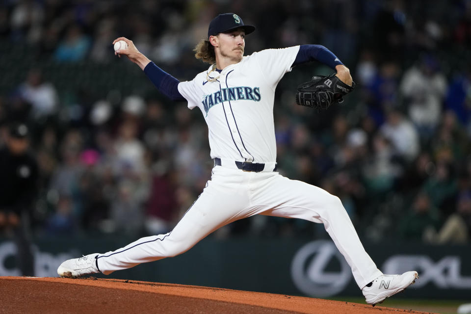 Seattle Mariners starting pitcher Bryce Miller throws against the Atlanta Braves during the first inning of a baseball game Monday, April 29, 2024, in Seattle. (AP Photo/Lindsey Wasson)