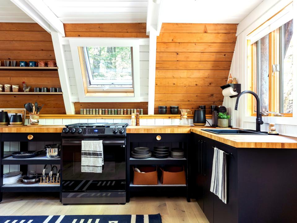 The kitchen of the A-frame cabin