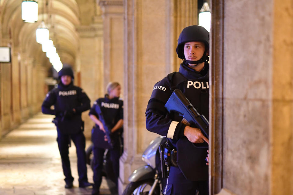 Image: Armed police patrol a passage near the opera in central Vienna (Joe Klamar / AFP - Getty Images)