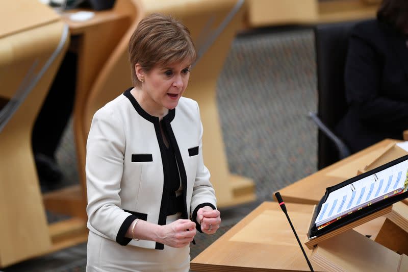 FILE PHOTO: Scotland's First Minister Nicola Sturgeon, attends the First Minister's Questions at the Scottish Parliament in Holyrood, Edinburgh