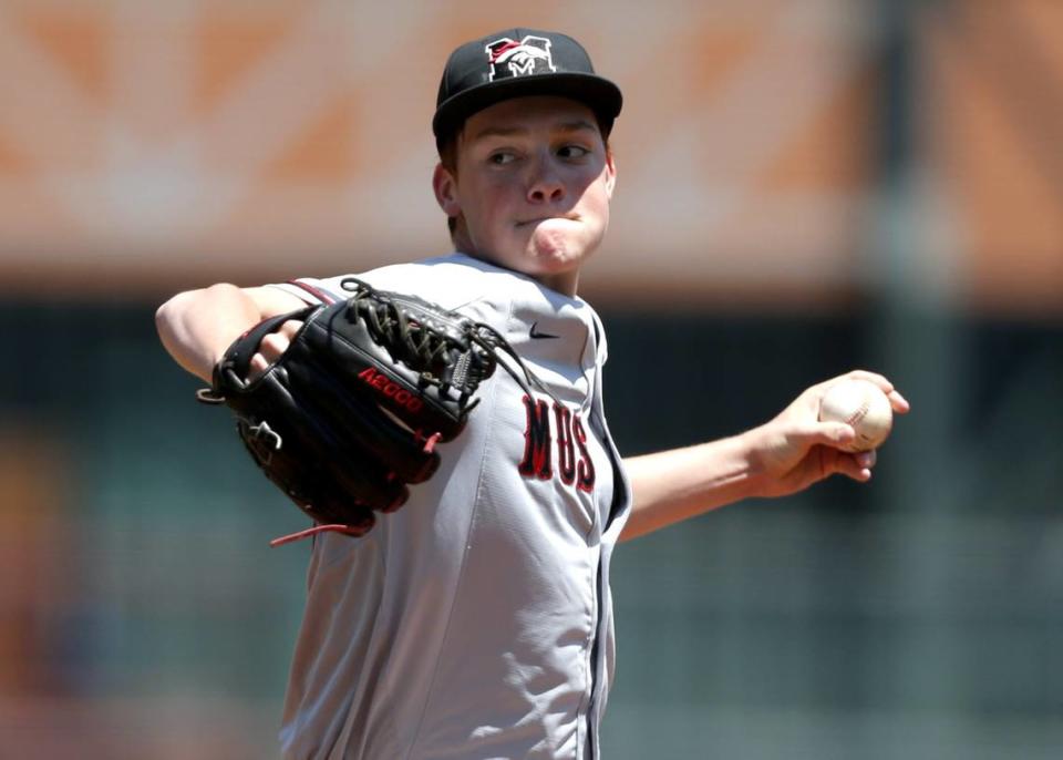 Mustang’s Dax Fulton throws a pitch during the 6A state baseball championship game between Mustang and Westmoore at the Chickasaw Bricktown Ballpark in Oklahoma City, Saturday, May 13, 2017. Photo by Sarah Phipps, The Oklahoman