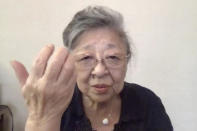 In this image made from video, Koko Kondo speaks during an video interview from Miki city, western Japan, on July 30, 2018. Kondo, who survived the blast of the first atomic bomb as a baby, is the daughter of the Rev. Kiyoshi Tanimoto, one of six atomic bomb survivors featured in John Hersey's book “Hiroshima.” She struggled for decades until she reached middle age to overcome the pain she experienced in her teens and the rejection by her fiance. She was almost 40 when she decided to follow her father's path and become a peace activist. She was inspired by his last sermon, in which he spoke about devoting his life to Hiroshima's recovery. (AP Photo)