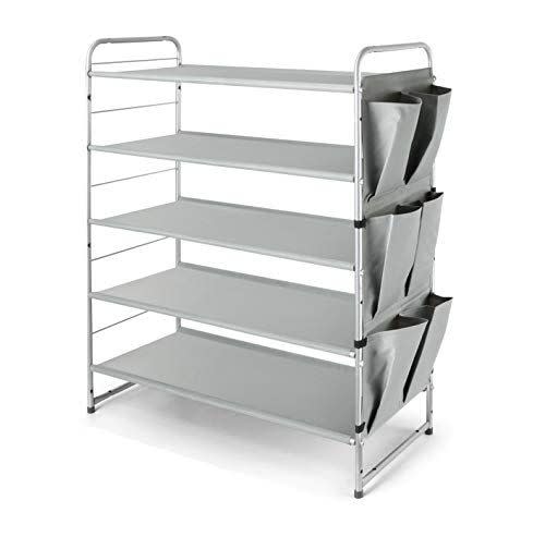 10) Simple Trending 5-Tier Stackable and Expandable Shoe Rack with Side 6 Shoes Pockets, Silver