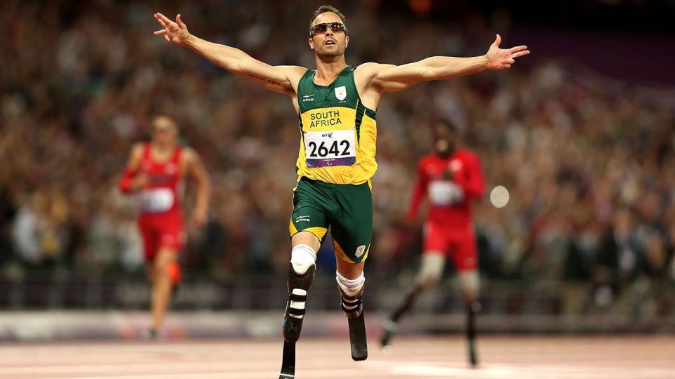 Oscar Pistorius in Aktion bei den Paralympischen Spielen 2012 in London. (Foto von Bryn Lennon/Getty Images)