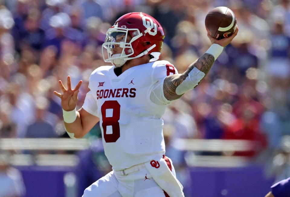 Oct 1, 2022; Fort Worth, Texas, USA;  Oklahoma Sooners quarterback Dillon Gabriel (8) throws during the first quarter against the TCU Horned Frogs at Amon G. Carter Stadium. Mandatory Credit: Kevin Jairaj-USA TODAY Sports