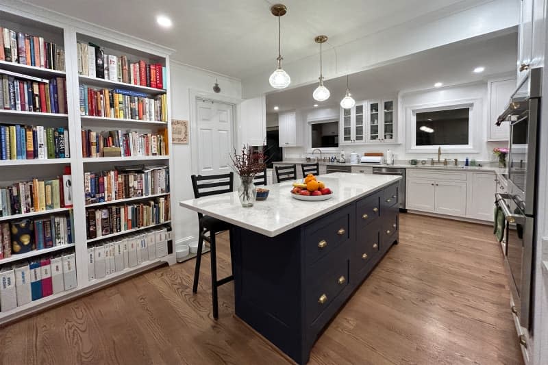 Bookshelves in kitchen after renovation.