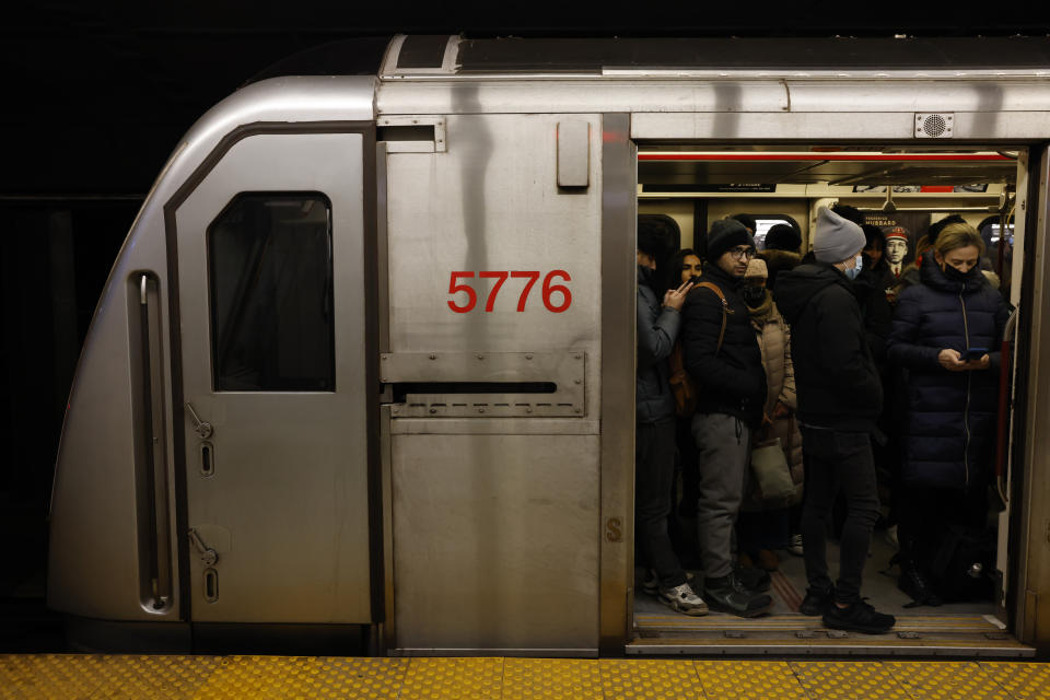 TORONTO, ON - March 3: TTC riders wait on a crowded train at Bloor-Yonge subway station during a delay in Toronto. Toronto Star/Lance McMillan

March-03-2023        (Lance McMillan/Toronto Star via Getty Images)