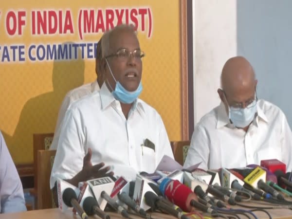 CPI-M state secretary K Balakrishnan addressing  apress conference in Chennai on Monday. [Photo/ANI]