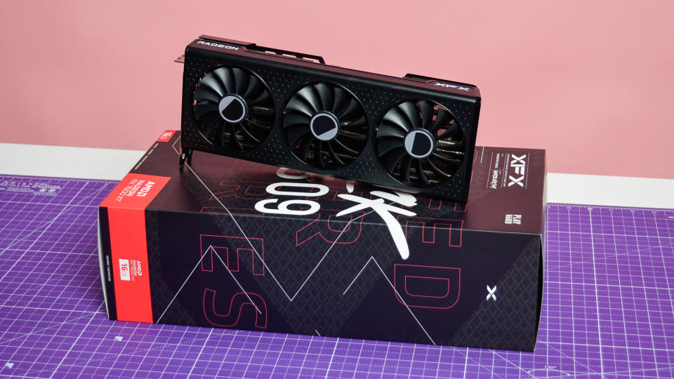 An AMD Radeon RX 7600 XT on a table