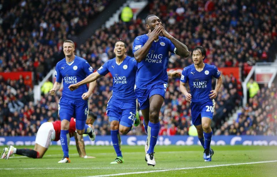 Britain Football Soccer - Manchester United v Leicester City - Barclays Premier League - Old Trafford - 1/5/16 Leicester City's Wes Morgan celebrates scoring their first goal Reuters / Darren Staples Livepic EDITORIAL USE ONLY. No use with unauthorized audio, video, data, fixture lists, club/league logos or "live" services. Online in-match use limited to 45 images, no video emulation. No use in betting, games or single club/league/player publications. Please contact your account representative for further details.