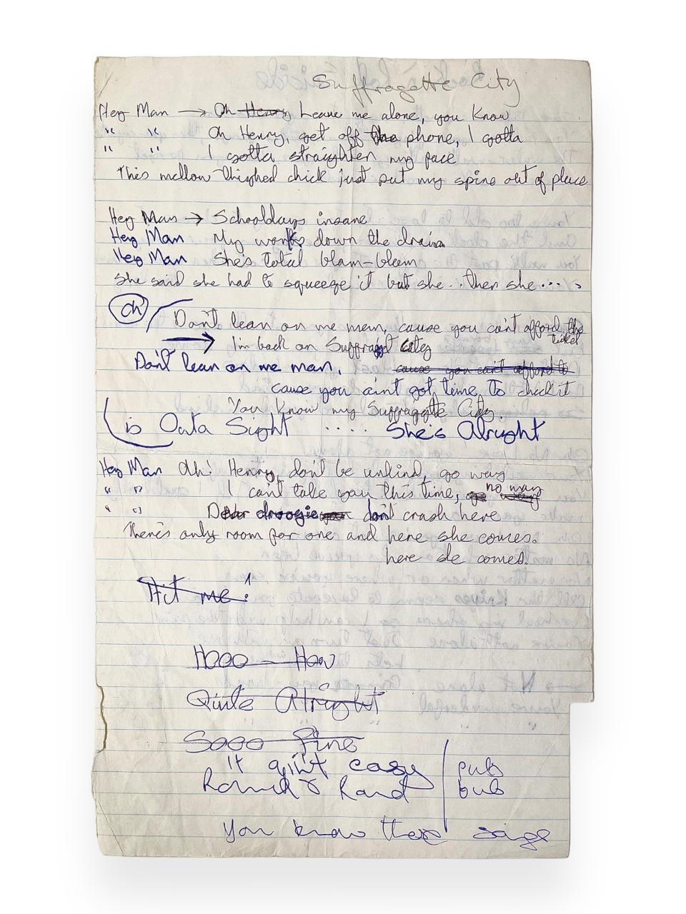 Handwritten lyrics by David Bowie for his song Suffragette City (Omega Auctions/PA)