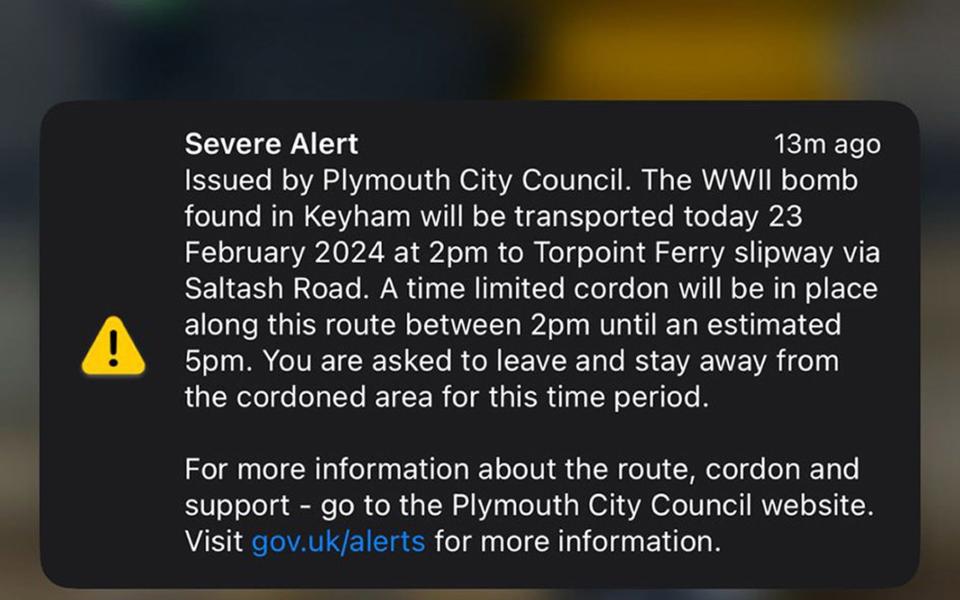 The Severe Alert text message sent to local residents warning that the Second World War explosive device will be removed from a garden in Plymouth and taken by military convoy to be disposed of at sea
