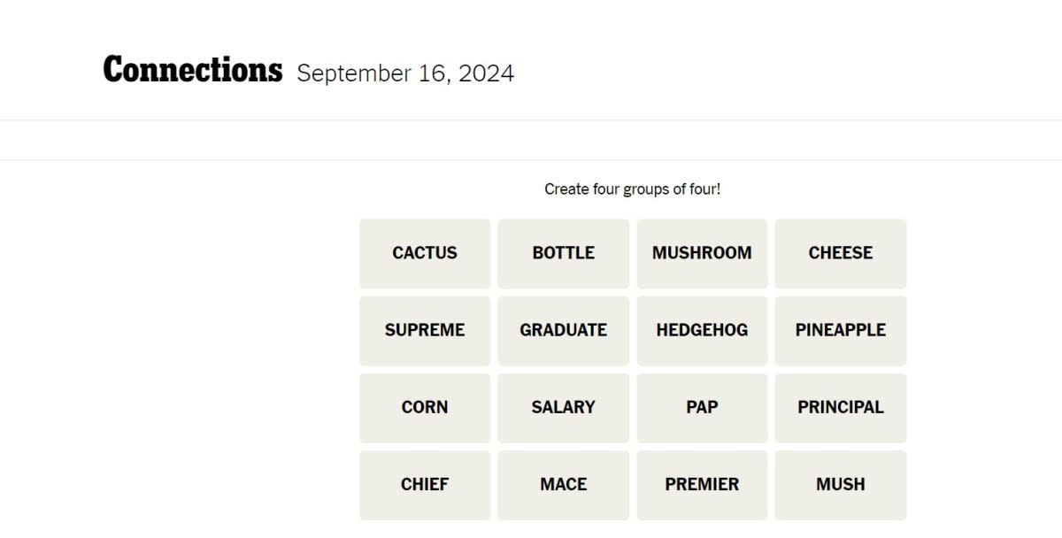 <em>Today's NYT Connections puzzle for Monday, September 16, 2024</em><p>The New York Times</p>