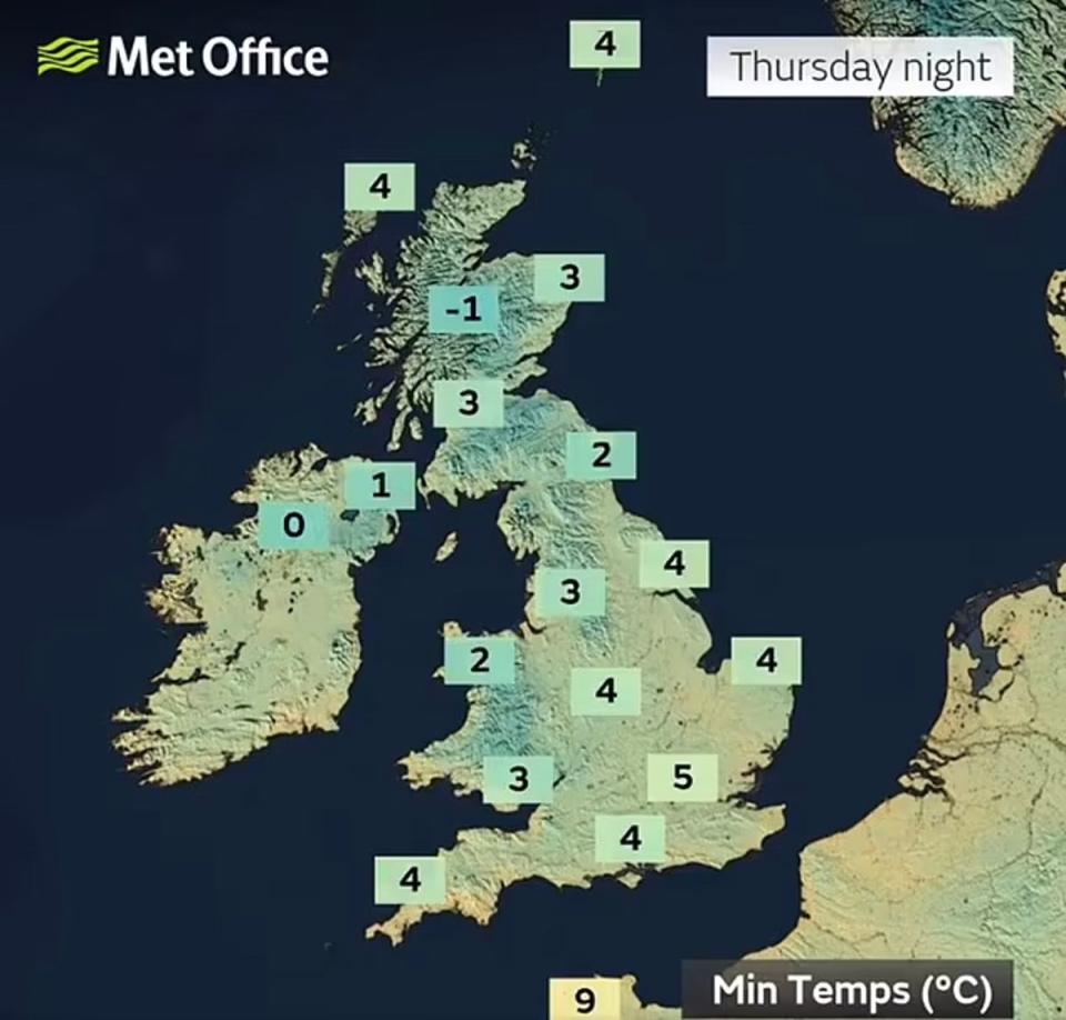 Les températures ont chuté jeudi soir - certaines ont même atteint des températures inférieures à zéro (Met Office)