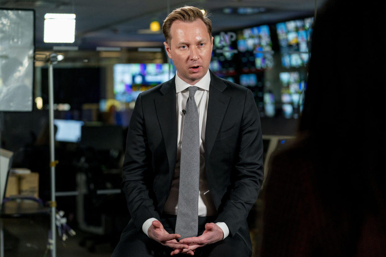 Andrew Adams, director of the Justice Department's KleptoCapture task force, designed to enforce the economic restrictions imposed on Russia and its billionaires, speaks to the Associated Press in an interview at the AP bureau in Washington, Wednesday, March 1, 2023. (AP Photo/Andrew Harnik)