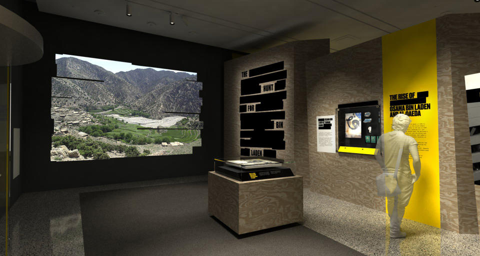 In this artist's rendering provided by C&G Partners, the exhibit "Revealed: The Hunt for Bin Laden," is shown at the National September 11 Museum in New York. Newly declassified U.S. government artifacts are part of the exhibit, opening Nov. 15, 2019, that traces the decade-long, secret search for Osama bin Laden at the site of the New York terrorist attack he commandeered. (C&G Partners via AP)