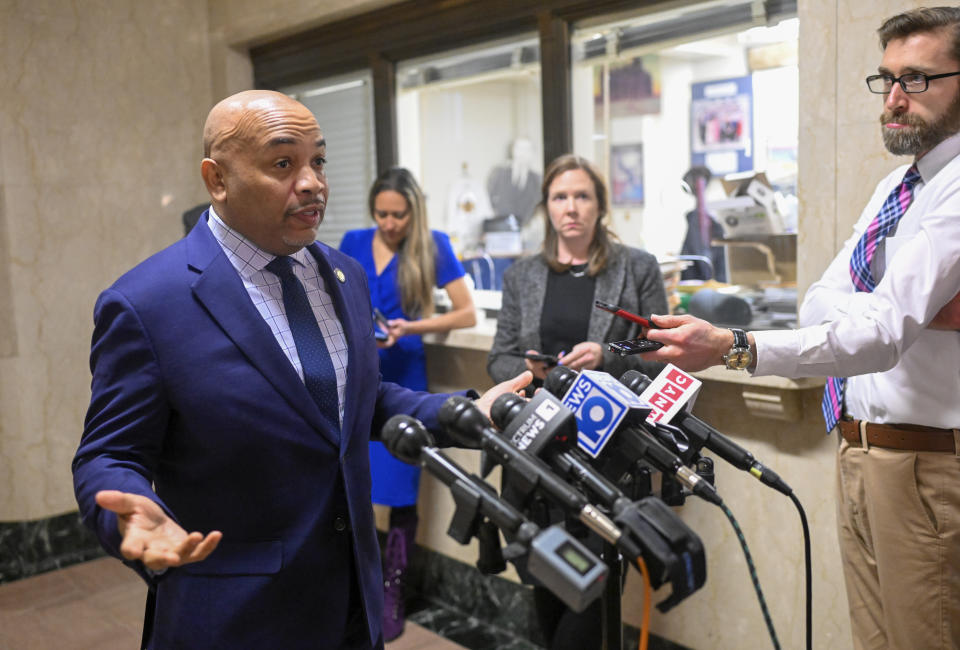 Assembly Speaker Carl Heastie, D-Bronx, speaks with reporters after listening to New York Gov. Kathy Hochul present her 2025 executive state budget in the Red Room at the state Capitol Tuesday, Jan. 16, 2024, in Albany, N.Y. (AP Photo/Hans Pennink)