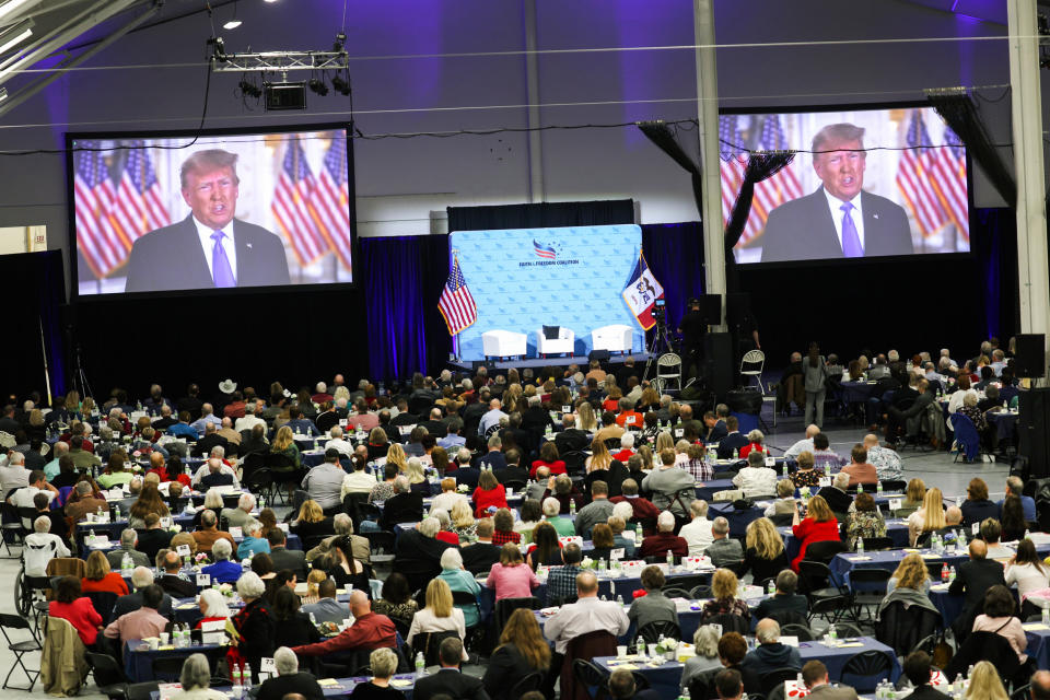 Former President Donald Trump at the Iowa Faith & Freedom Coalition Spring Kick-Off on April 22, 2023, in Clive, Iowa. (Scott Olson / Getty Images)