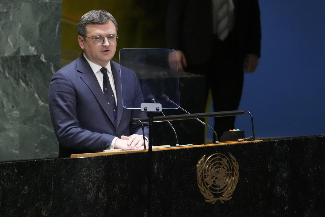 Ukrainian Foreign Minister Dmytro Kuleba addresses the eleventh emergency special session of the General Assembly, Wednesday, Feb. 22, 2023 at United Nations headquarters. (AP Photo/Mary Altaffer)